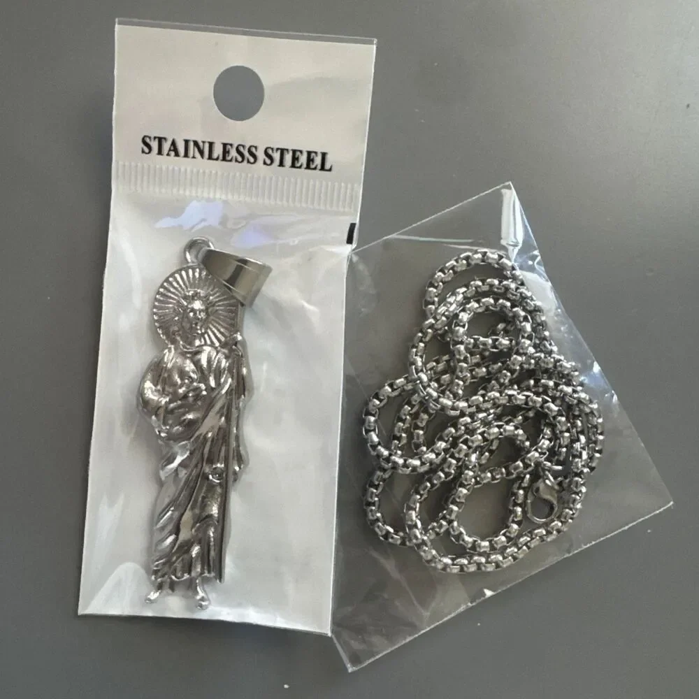 St. Jude Thaddeus Religious Pendant Silver Tone Stainless Steel 24” Chain Jesus